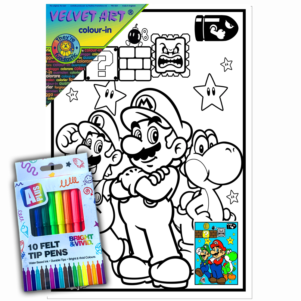 Mario Velvet Art Board Set with 10 Pack of Colour Felt Tip Pens