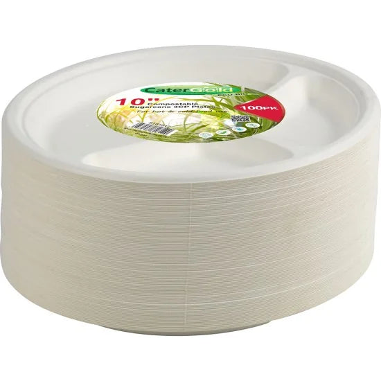Disposable Compostable Eco-Bio Bagasse Sugarcane 3 Compartment Plates 10" Pack of 100 ST81812