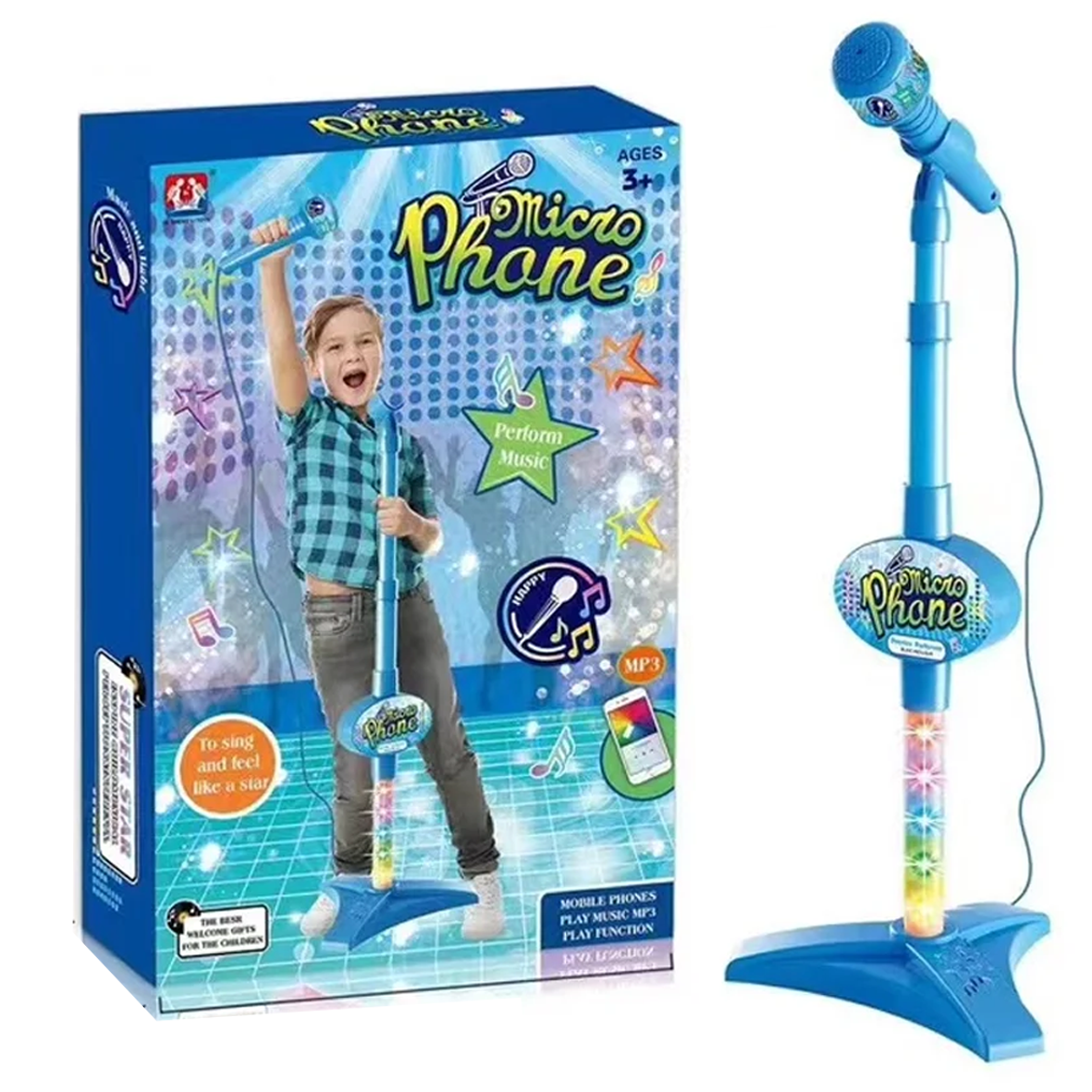 Kids Karaoke Light Up Microphone & Stand - Blue