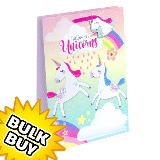 Believe In Unicorns Large Glitter Gift Bags x 12 ( BULK BUY )
