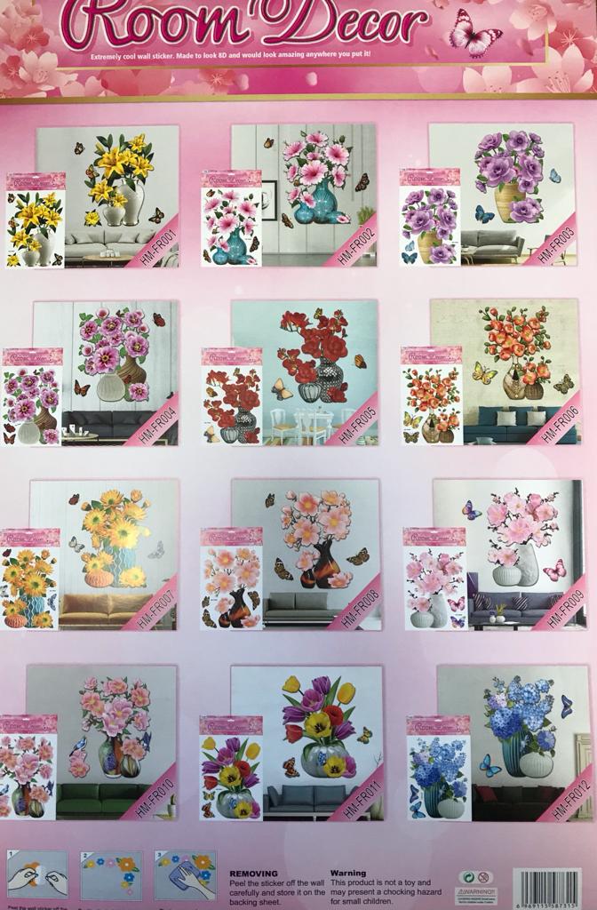 Room Decor 3D Effect Wall Stickers Flowers Vase Design 49 x 30 cm Assorted Designs and Colours 7126