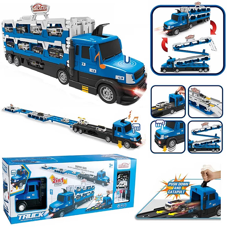 2 in 1 Police Transporter Truck With Police Vehicles, 140cm Spread Size
