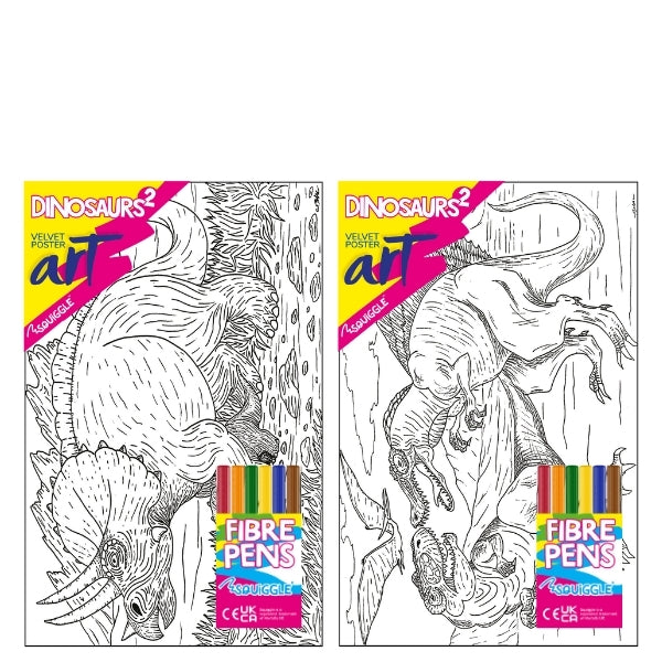 Velvet Poster Art Children's' Fun Colouring with Pens Dinosaurs 2 25 x 38 cm 2 Designs P3007