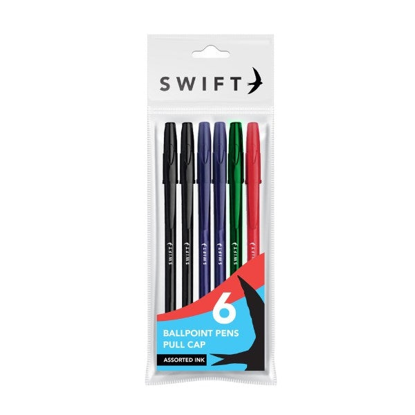 Pull Cap Ballpoint Pens 6pk Assorted P3055