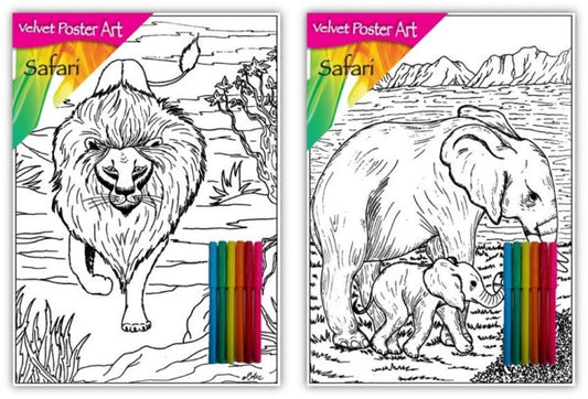 Velvet Poster Art Children's Fun Colouring with Pens Safari 2 25 x 38 cm 2 Designs P3003