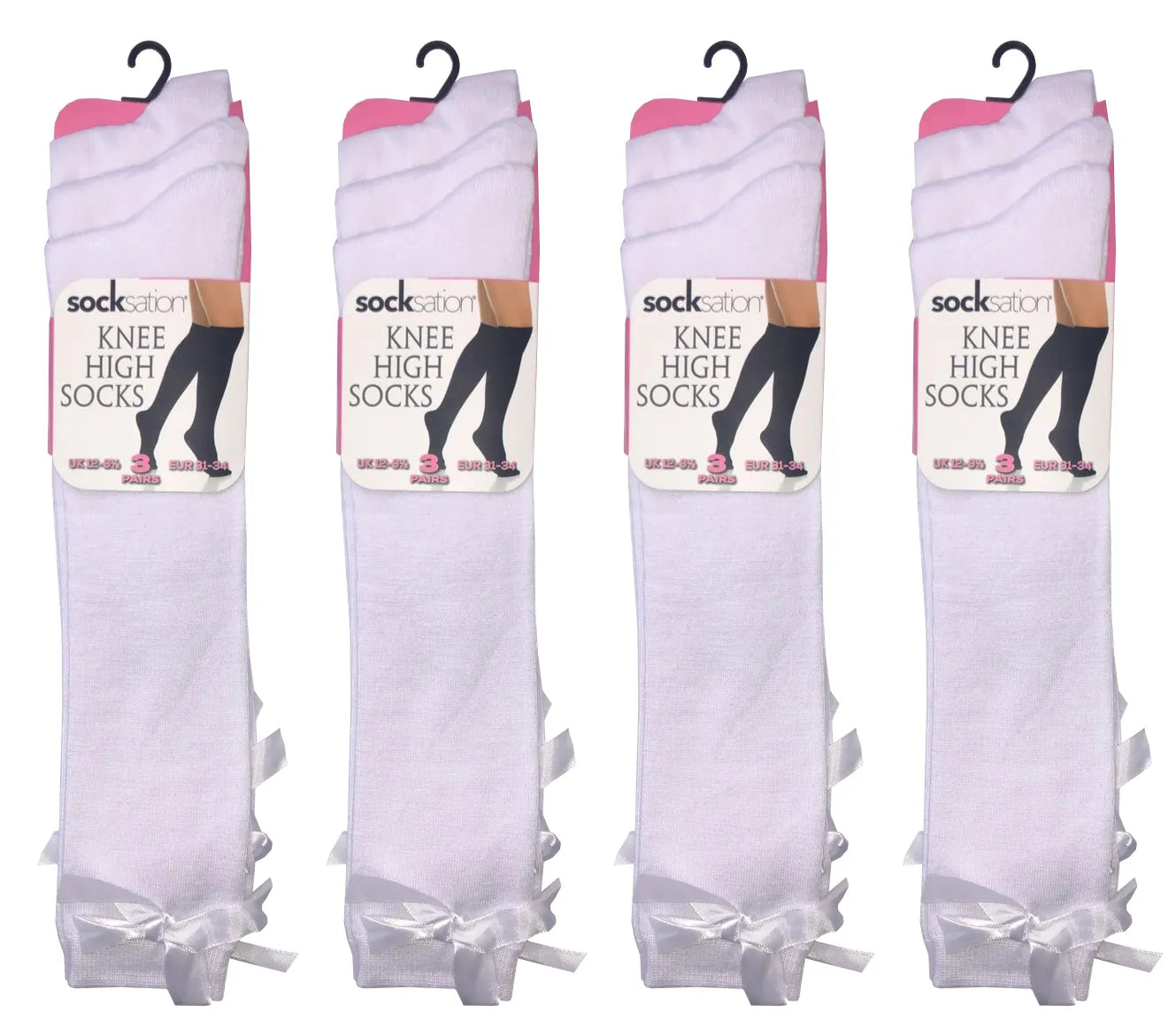 3 Pairs of Girls Knee High Socks with Satin Bow - 4 Colours Available - UK 4-6