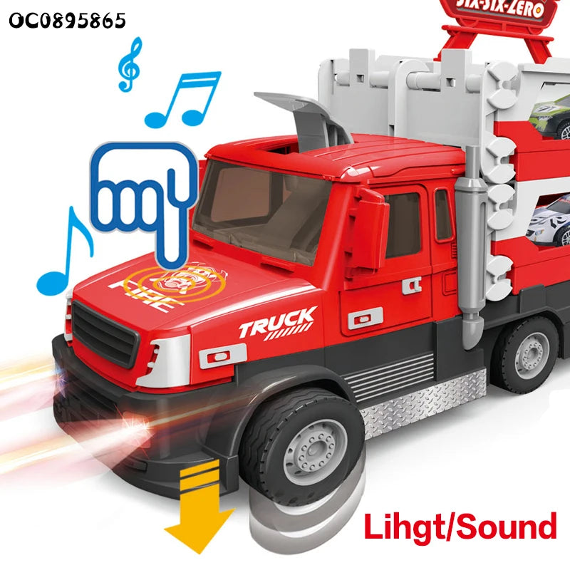 2 in 1 Fire Rescue Transporter Truck With Fire Rescue Vehicles, 140cm Spread Size