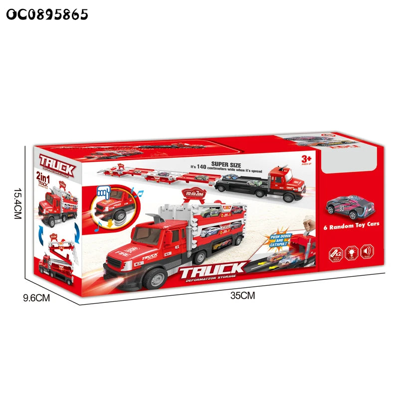 2 in 1 Fire Rescue Transporter Truck With Fire Rescue Vehicles, 140cm Spread Size