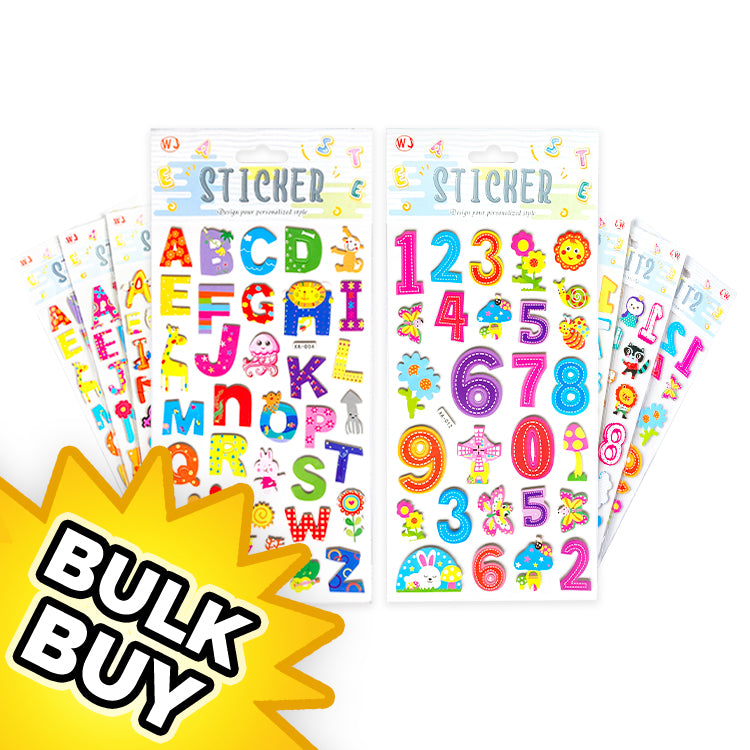 Jumbo Number And Letter 3D Sticker Sheets x 12 ( BULK BUY )
