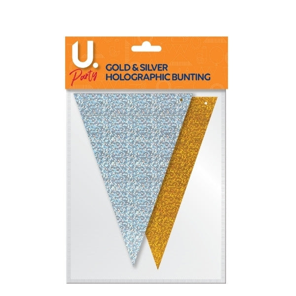 Holographic Paper Party Tri Cut Bunting Banner Garland Gold and Silver P1408