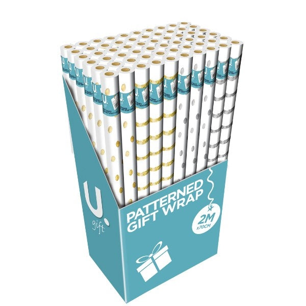 Gold / Silver Patterned Paper Gift Wrap 2m x 70cm Assorted Designs P1914