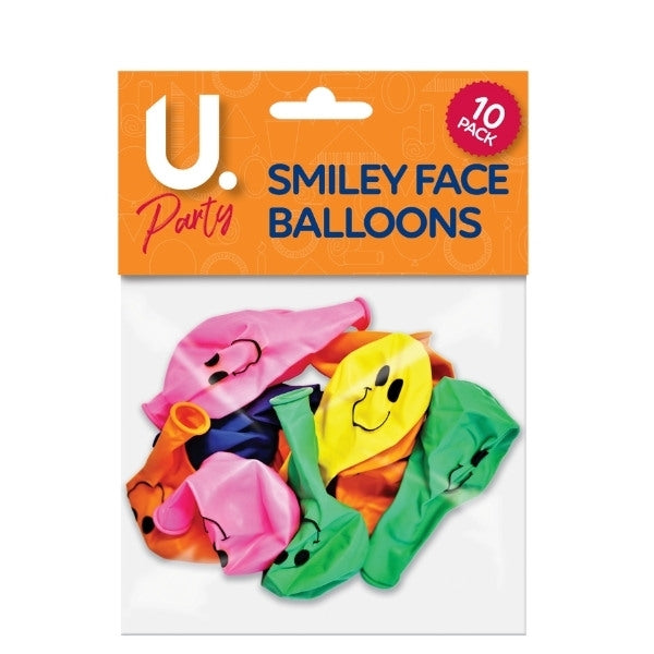 Smiley Face Balloons Pack of 10 Assorted Colours P2744