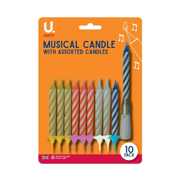 Birthday Musical Cake Candles with Holders Pack of 10 Assorted Colours P2756
