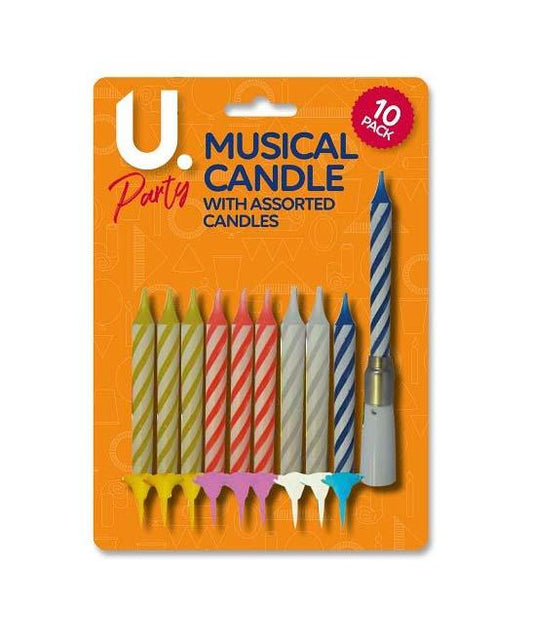 Birthday Musical Cake Candles with Holders Pack of 10 Assorted Colours P2756