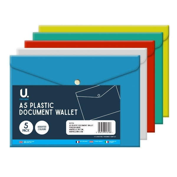A5 Plastic Document File Wallet Pack of 5 Assorted Colours P2770