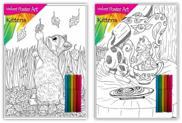 Velvet Poster Art Children's' Fun Colouring with Pens Kittens 2 25 x 38 cm 2 Designs P3001