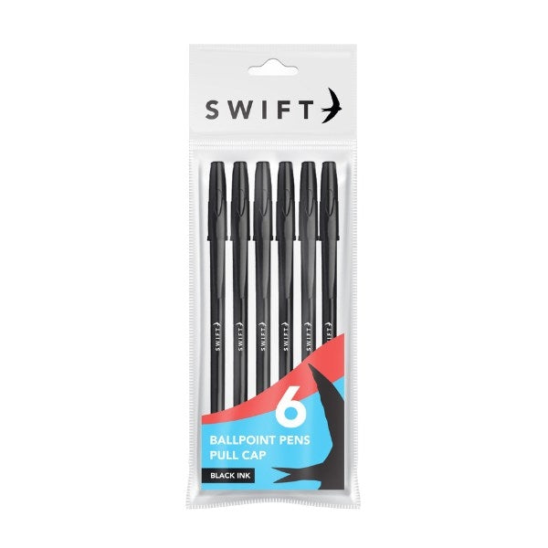 Pull Cap Ballpoint Pens 6pk Black Ink P3053