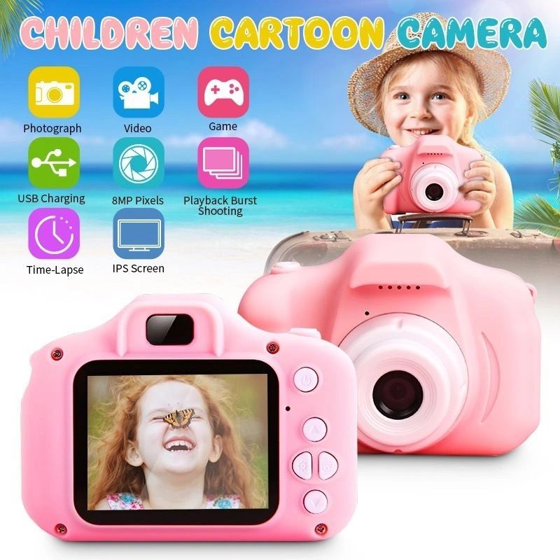 Kids Digital Camera Cartoon Style With 1GB Storage & Straps (3 Colours)