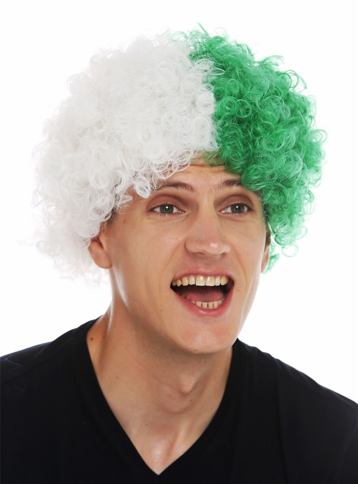 Afro Curly Fan Wig Football Carnival White Green Divided Wig