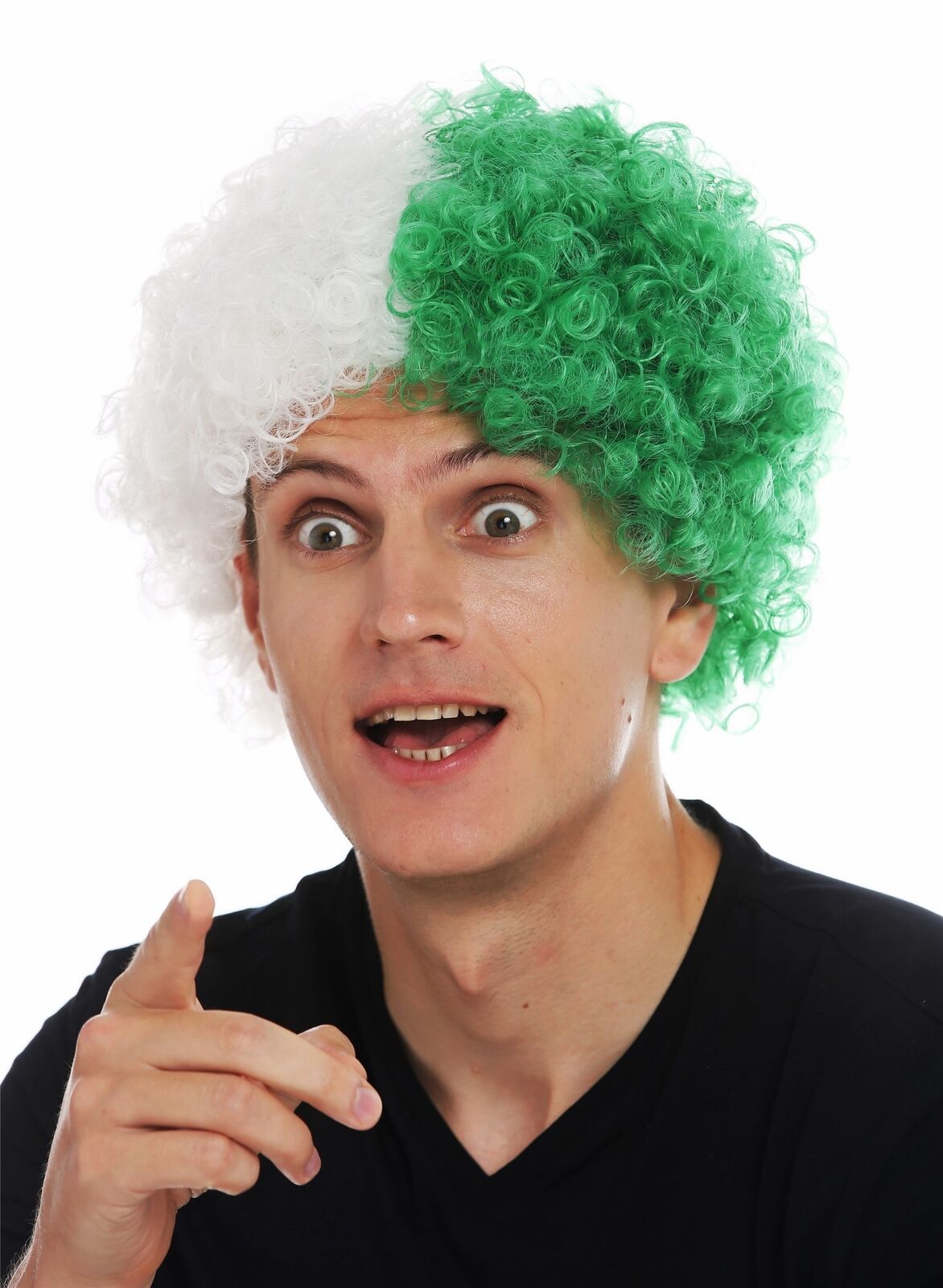 Afro Curly Fan Wig Football Carnival White Green Divided Wig