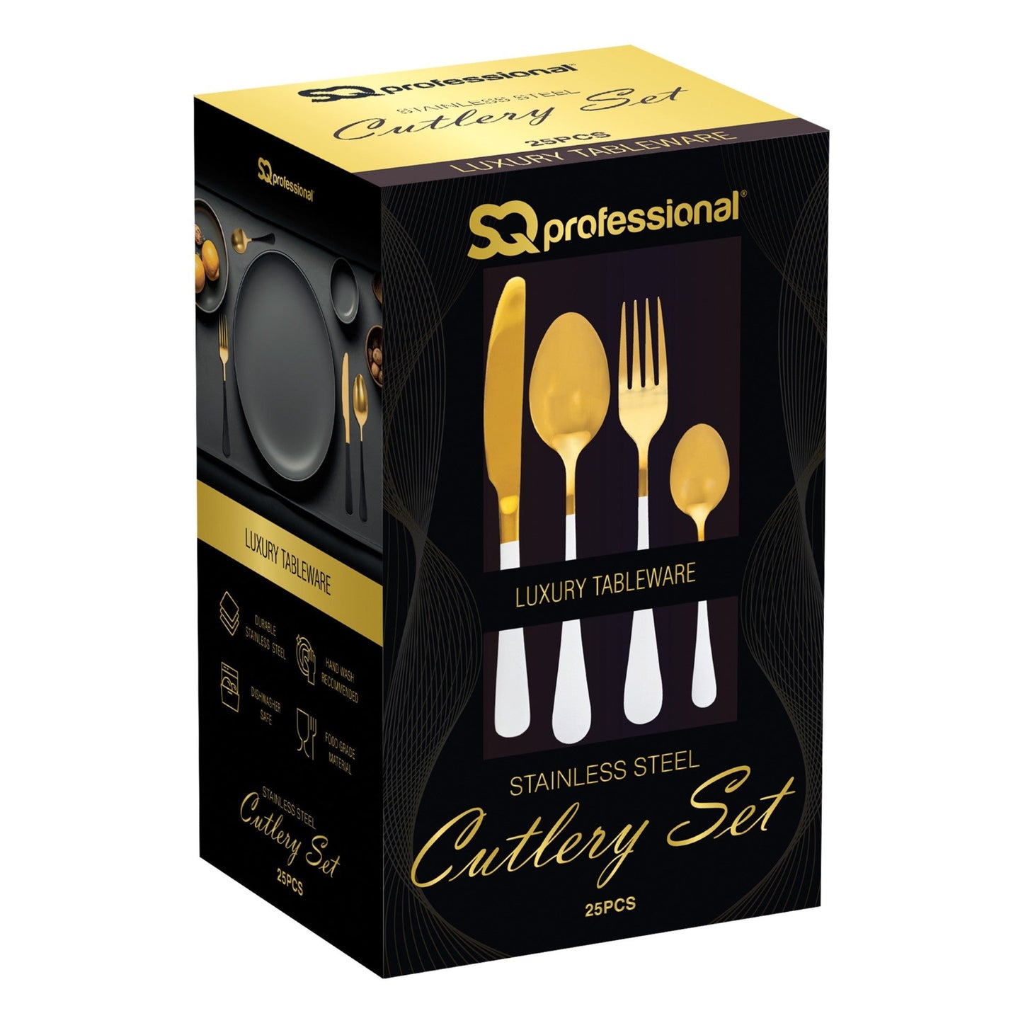 SQ Durane Stainless Steel Cutlery Set of 25 Gold White 10741 A