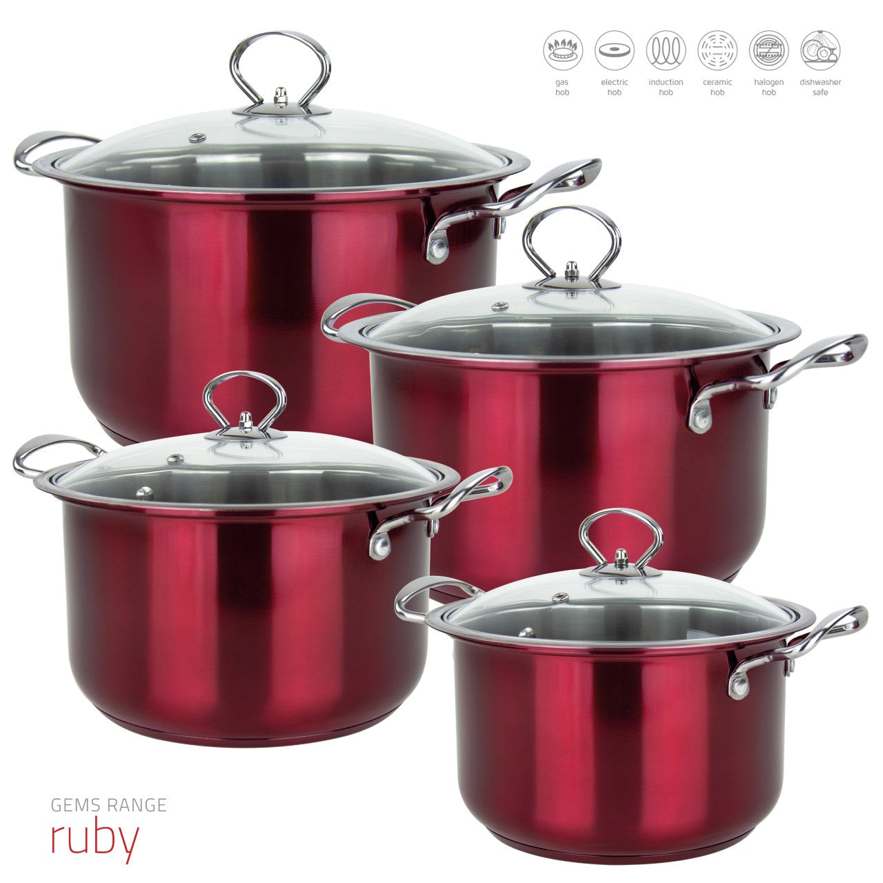 Gems Stainless Steel Stockpot Set 4pc Ruby 18-20-22-24cm 9577 (Big Parcel)
