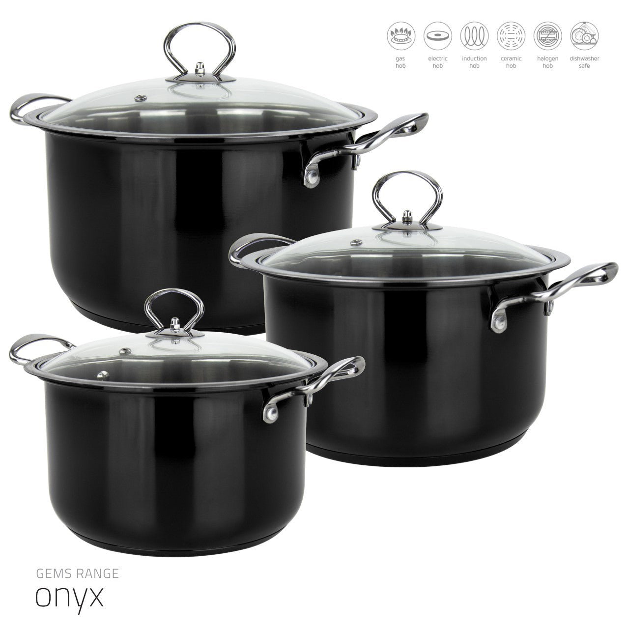 Gems Stainless Steel Stockpot Set 3PC Onyx 5780 10-12.30-14.60L 9578 (Big Parcel)