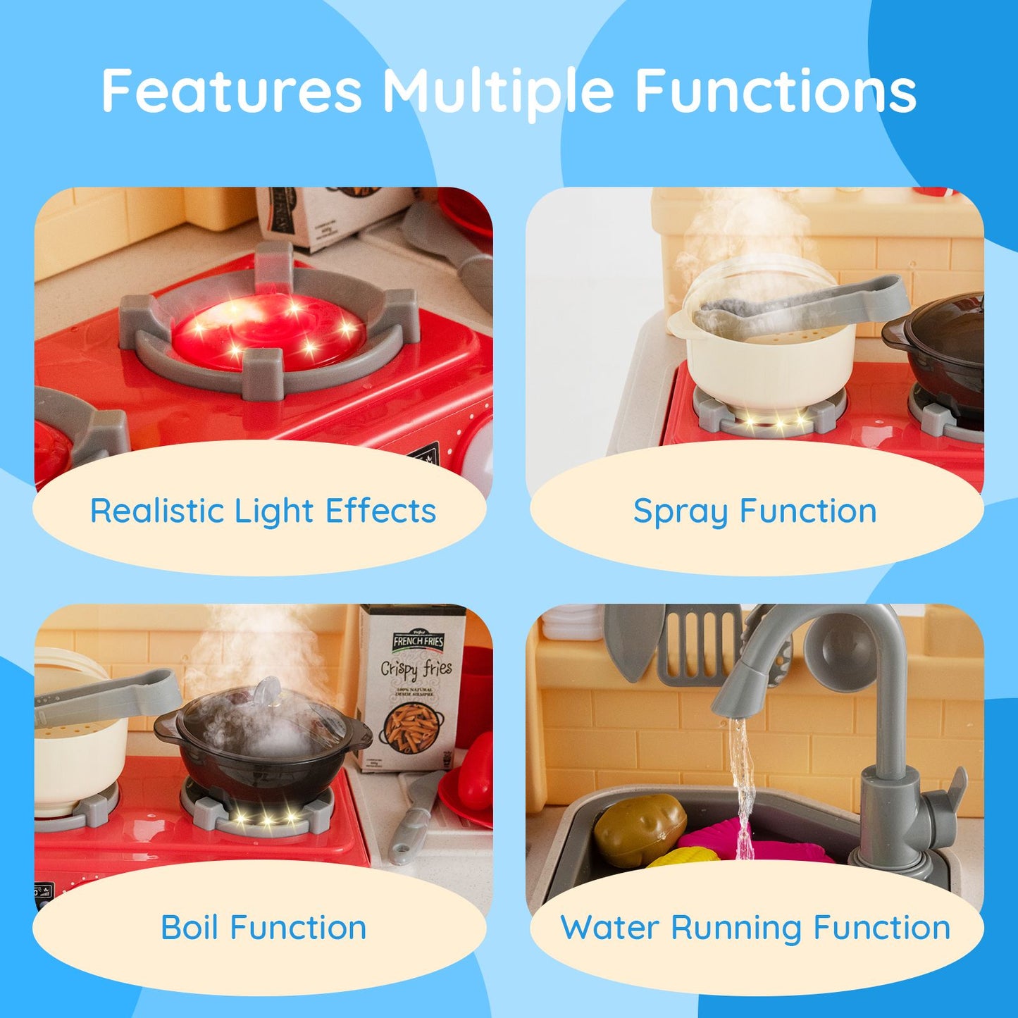 Kids Kitchen Pretend Play Playset Toy with Boiling and Vapour Mist Effects - 69 Pieces