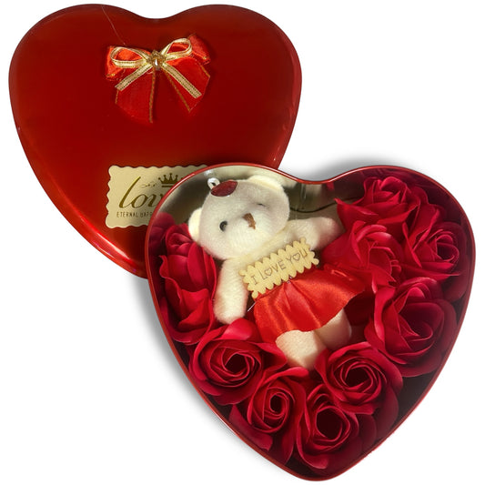 Valentines Day I Love You Bear & Red Roses in Keepsake Tin