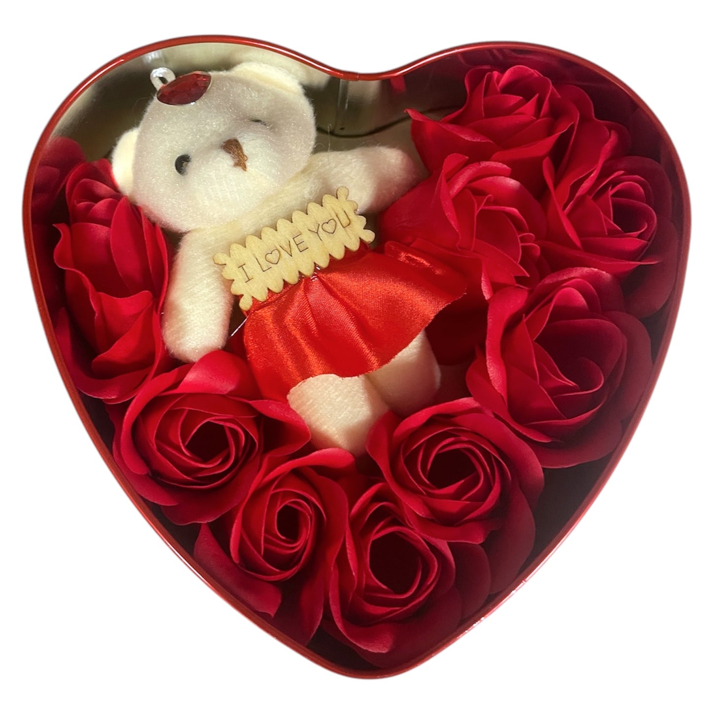 Valentines Day I Love You Bear & Red Roses in Keepsake Tin