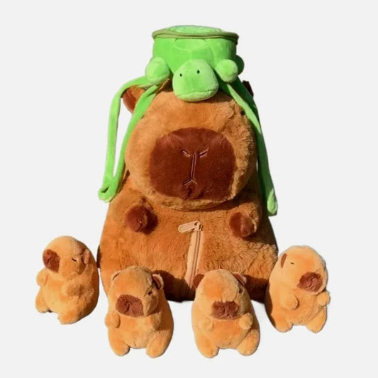 Capybara Complete Family Plush Stuffed Soft Toy Family Set of 5 with Zip Pouch Storage & Turtle Backpack Toy - VIRAL Jellycat Style
