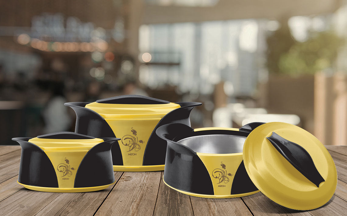 Imperial Insulated Casserole Set 3 Pieces 1.0 1.5 2.5 Litre Black Yellow Gold