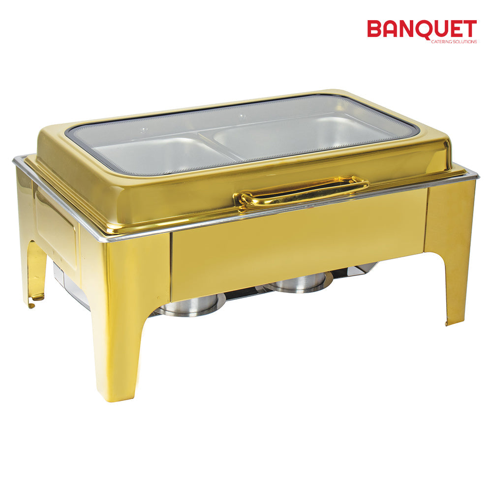 Sq Professional Banquet Chafing Dish With Flat Top And Window Double Compartment Oblong Gold.5L