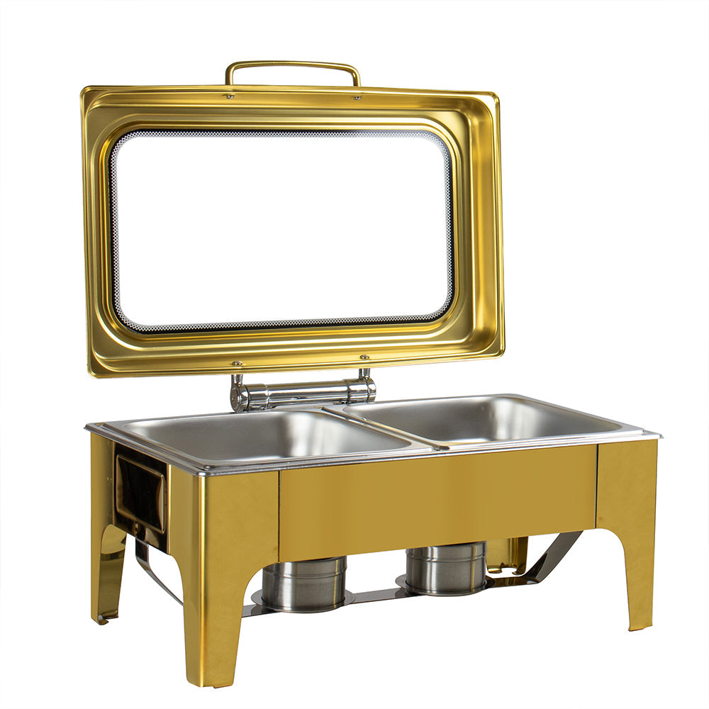 Sq Professional Banquet Chafing Dish With Flat Top And Window Double Compartment Oblong Gold.5L