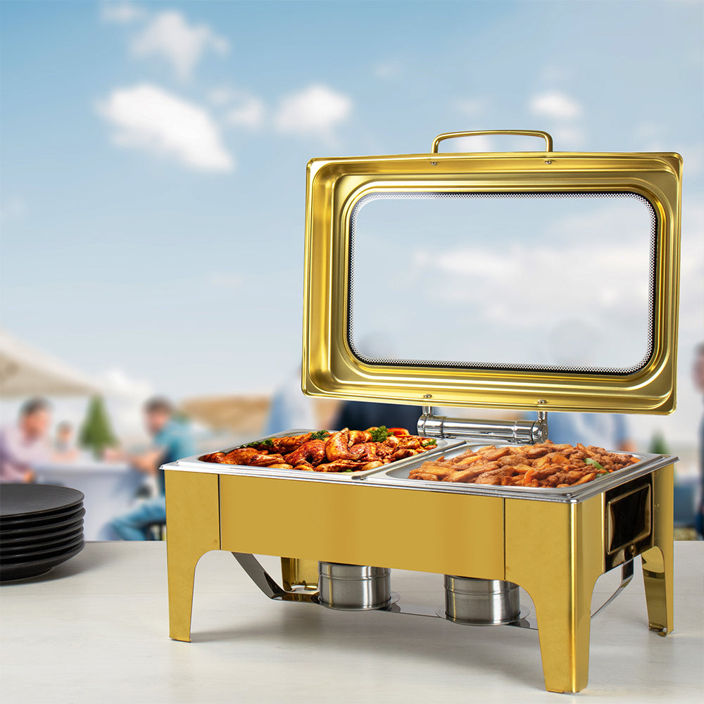 Sq Professional Banquet Chafing Dish With Flat Top And Window Double Compartment Oblong Gold.5L