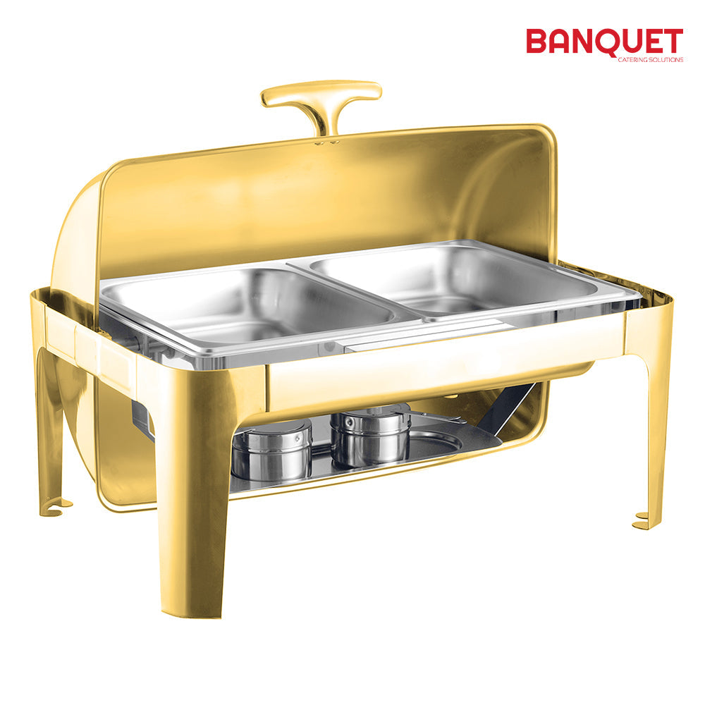 SQ Professional Banquet Chafing Dish with Roll Top Double Compartment Oblong Gold 2 x 4.5L 10857