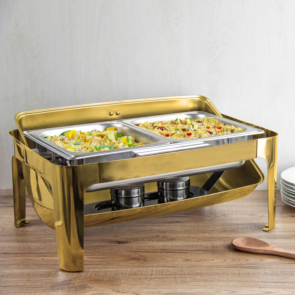 SQ Professional Banquet Chafing Dish with Roll Top Double Compartment Oblong Gold 2 x 4.5L 10857