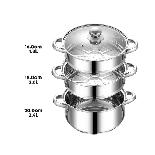 SQ Professional Lustro Stainless Steel Steamer 3 Tier 20 cm 3L 10944