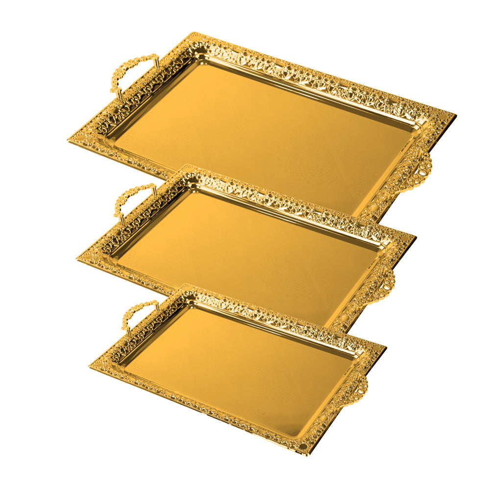 SQ Professional Durane Ornate Party Serving Tray Gold 5946FG Set of 3 Oblong 11200