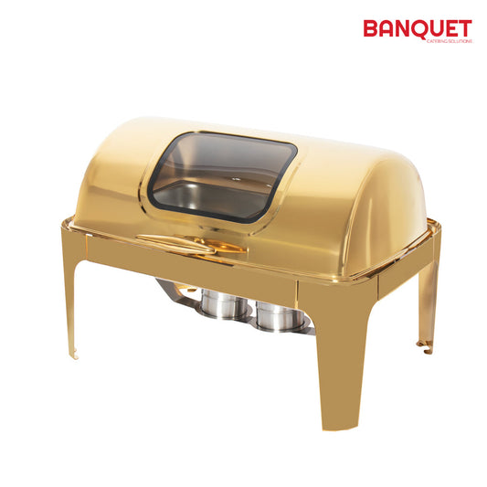 Sq Professional Banquet Chafing Dish With Roll Top And Window Double Compartment Oblong Gold 9L