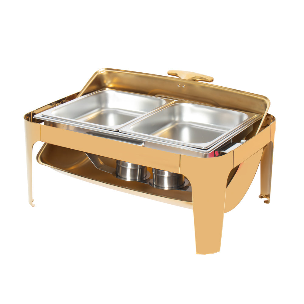 Sq Professional Banquet Chafing Dish With Roll Top And Window Double Compartment Oblong Gold 9L