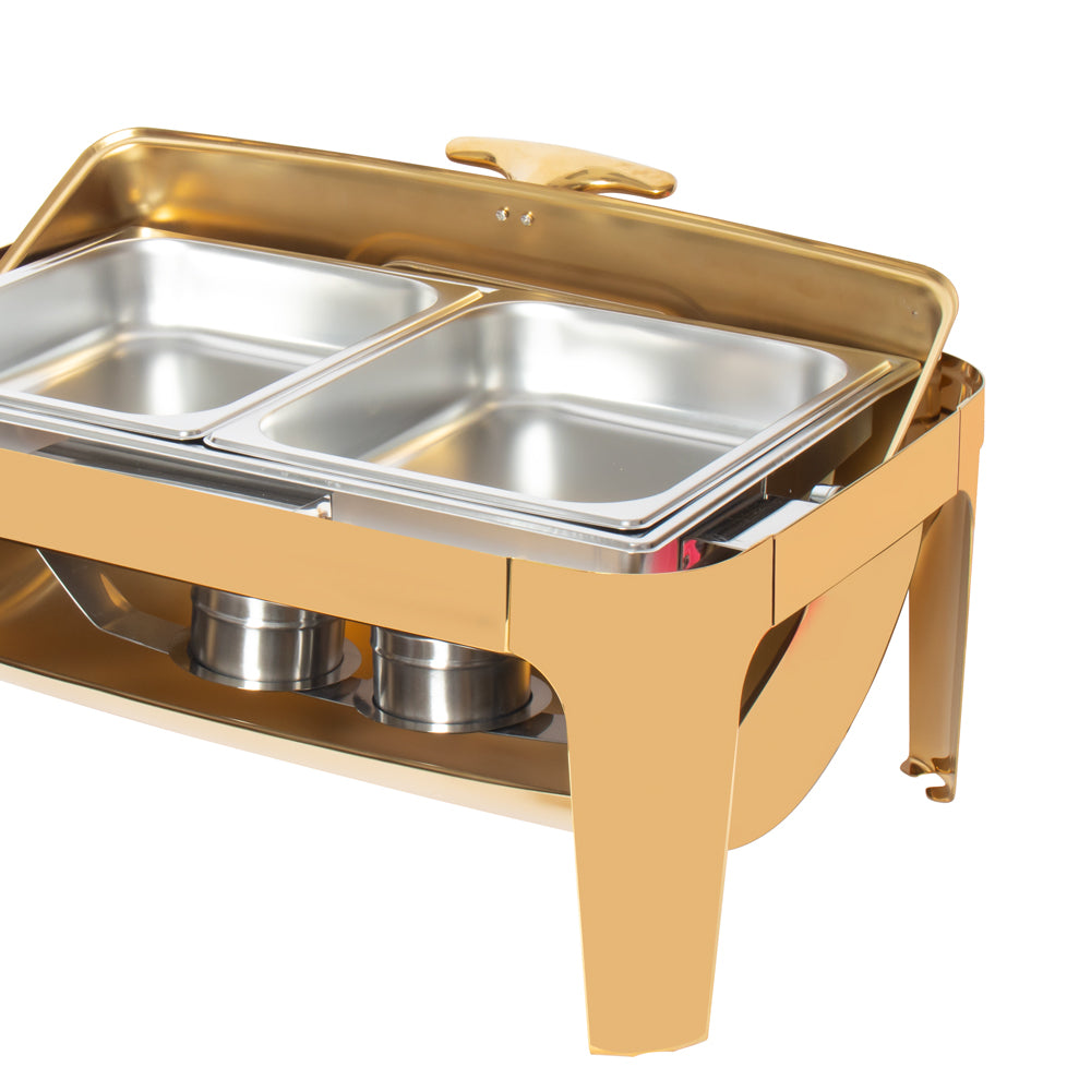 Sq Professional Banquet Chafing Dish With Roll Top And Window Double Compartment Oblong Gold 9L