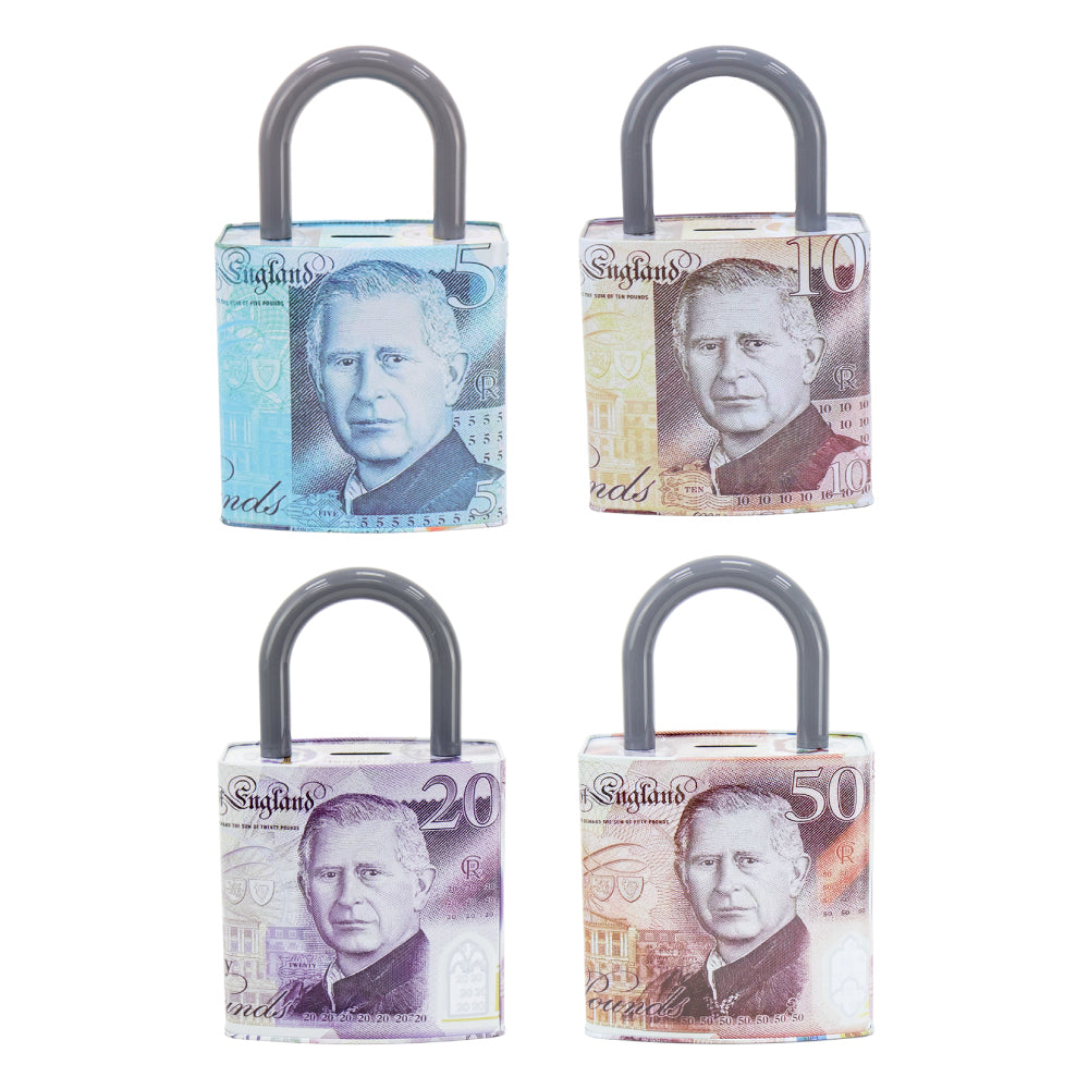 King Charles Pound Note Reusable Coin Money Tin Box Padlock Shape With Handle 16.5 X 9.5 X 26.5Cm Assorted Designs Mth (Parcel Rate)