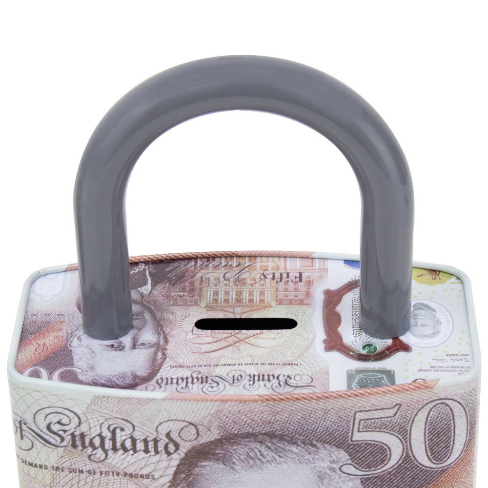 King Charles Pound Note Reusable Coin Money Tin Box Padlock Shape With Handle 16.5 X 9.5 X 26.5Cm Assorted Designs Mth (Parcel Rate)