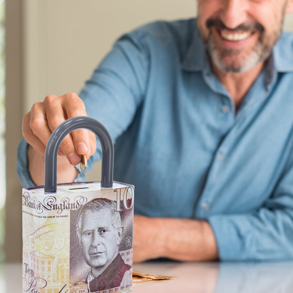 King Charles Pound Note Reusable Coin Money Tin Box Padlock Shape With Handle 16.5 X 9.5 X 26.5Cm Assorted Designs Mth (Parcel Rate)