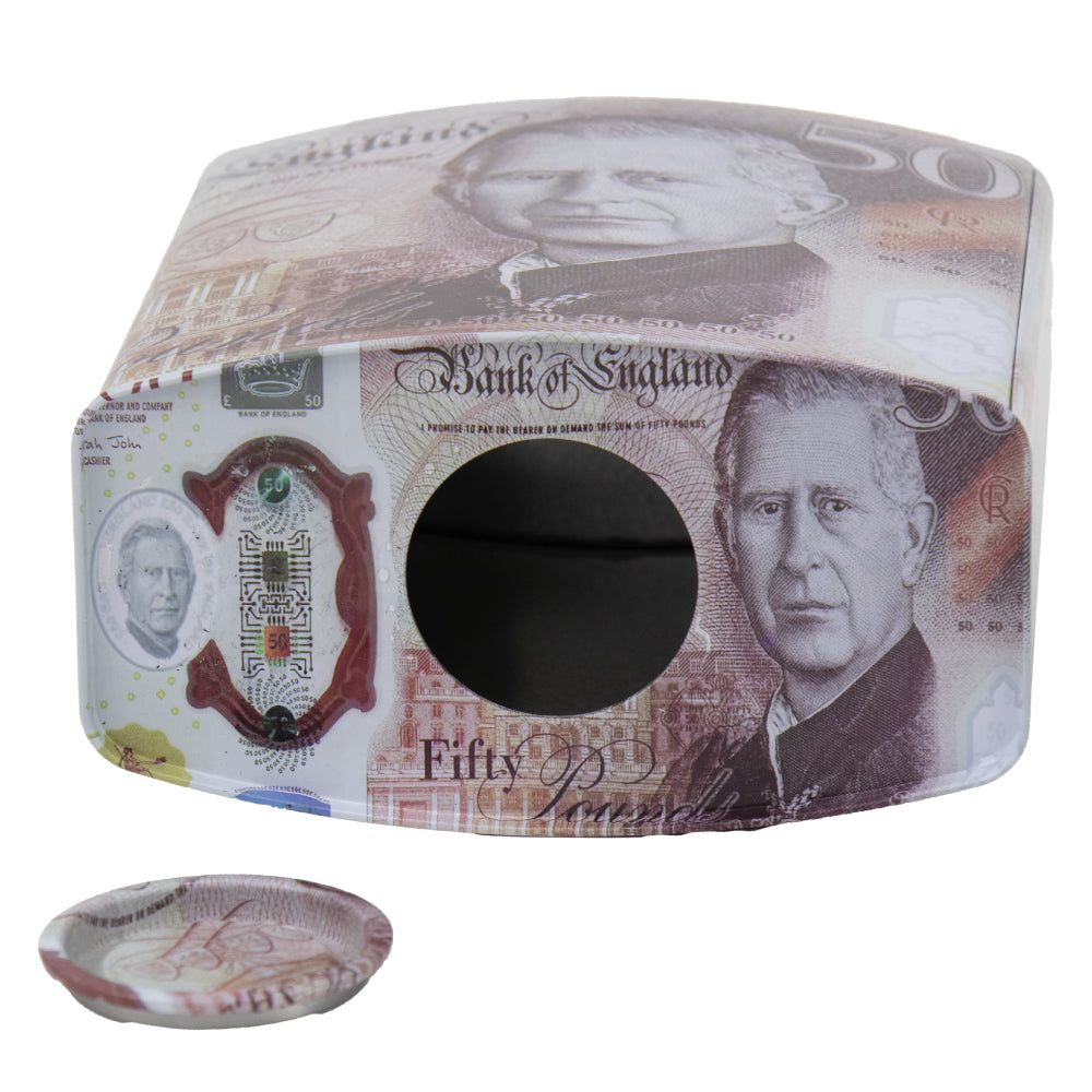 King Charles Pound Note Reusable Coin Money Tin Box Padlock Shape With Handle 16.5 X 9.5 X 26.5Cm Assorted Designs Mth (Parcel Rate)