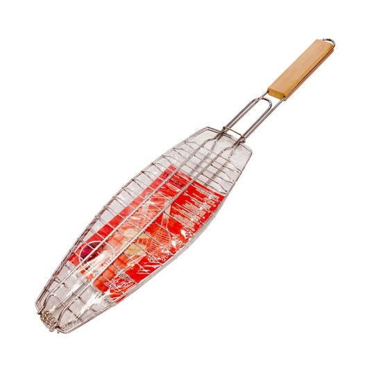 Metal Meat Fish Roasting BBQ Basket Grill with Wooden Handle 35 cm 7219