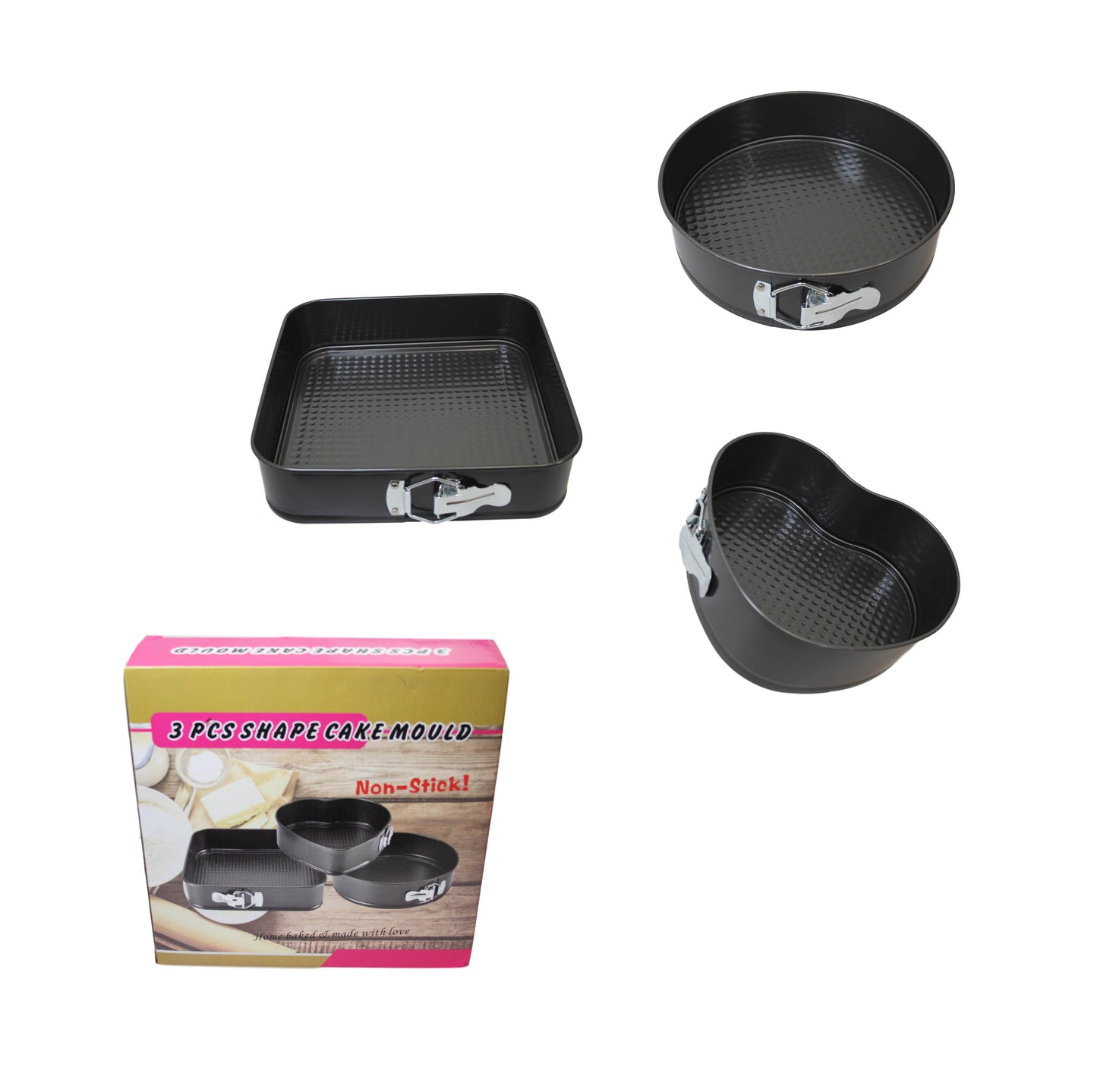 Non Stick Cake Tin Loose Base Baking Tray 3 Packs Square Circle Heat Tin 1294