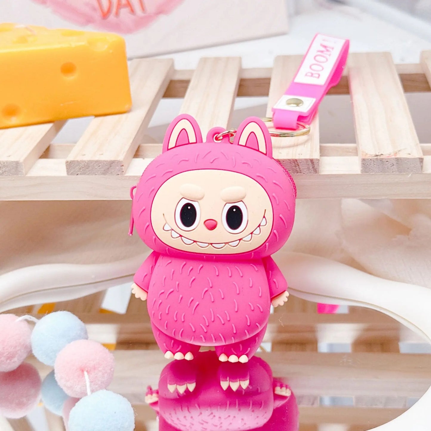 Labubu Purse Pouch Bag Keychain Keyring Coin Pouch 3D Soft Touch Silicone Pendant - Hot Pink