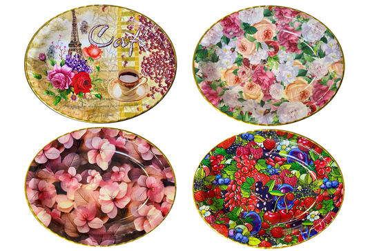 Plastic Oval Coffee Tea Serving Tray With Printed Design Assorted Designs